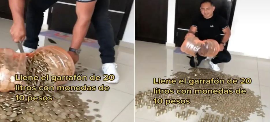 Hombre llenó un garrafón con puras monedas de $10