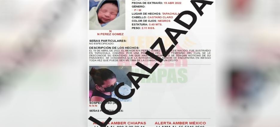 Recuperan a bebé recién nacido que fue robado en Chiapas