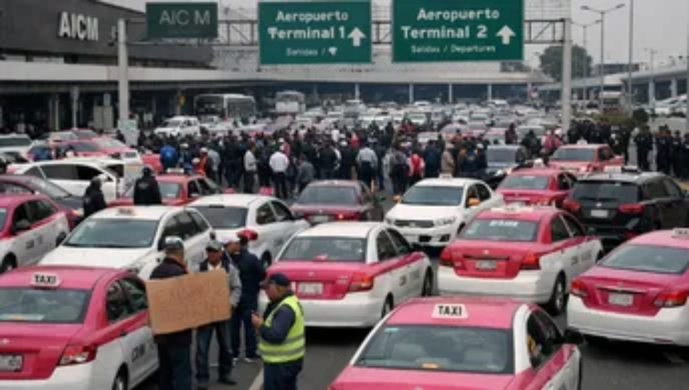 Taxistas bloquean accesos al AICM en protesta contra servicios por aplicación