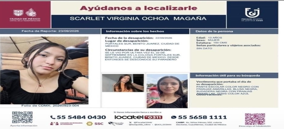 Buscan a estudiante de 13 años desaparecida cuando se dirigía a su escuela en CDMX